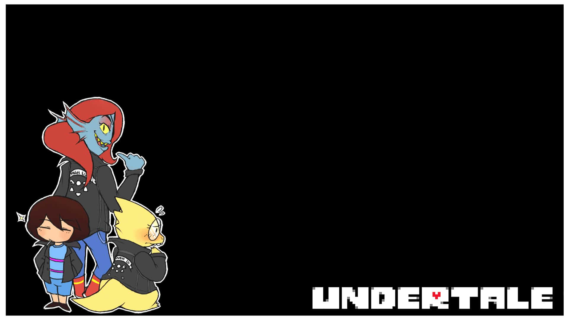 《Undertale》宇宙的色彩調色盤 壁紙 — 三個Q版Undertale角色在純黑色背景前擺姿勢，遊戲標誌為白色。