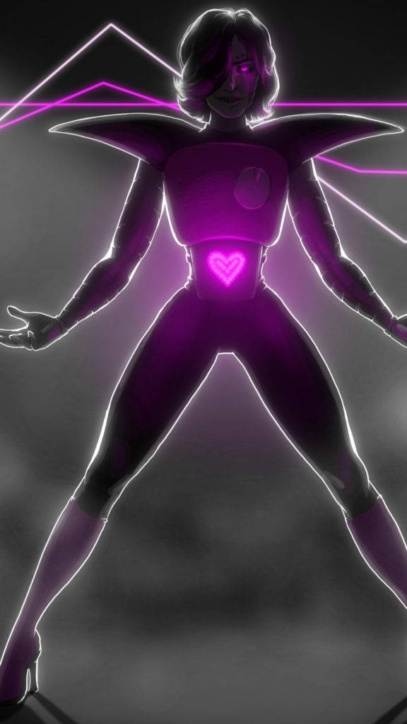 Undertale 梅塔頓剪影肖像 壁紙 — 一個風格化的動漫角色，帶有發光的紫色心形和霓虹線條，自信地站在黑暗煙霧背景前。