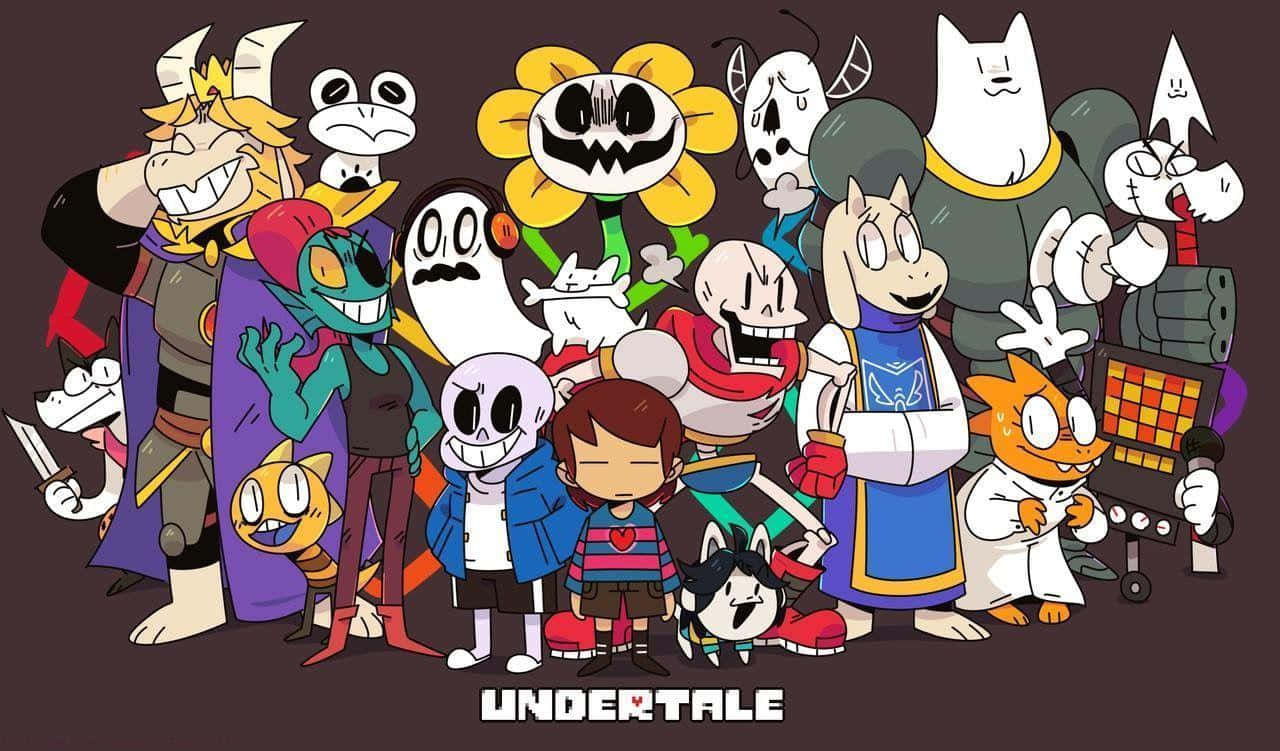色彩繽紛的卡通群體姿勢中的Undertale角色。