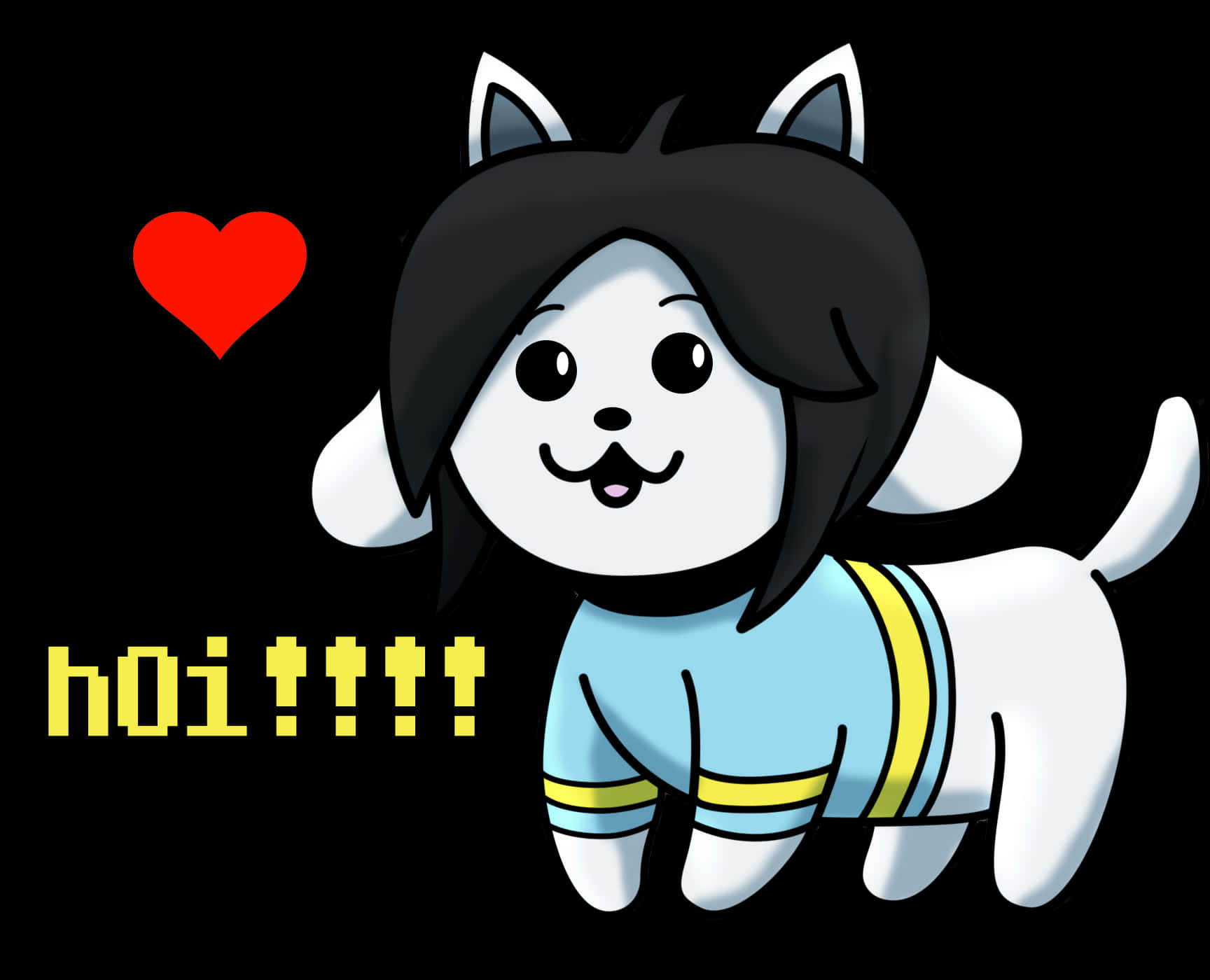 《Undertale》的情感支持角色Temmie 壁紙 — 一隻可愛的白色卡通狗，有黑色頭髮和貓耳朵，在黑色背景上開心地揮手，背景上有紅色心形和黃色文字。
