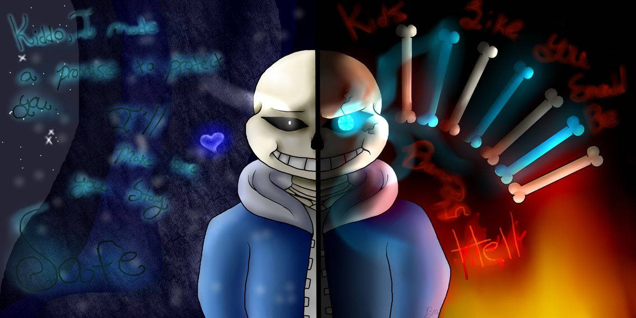《Undertale》與《Underfell》Sans對峙 壁紙 — 一個分裂面孔的動漫角色，眼睛發光，站在深藍色帶有「Safe」文字的一側和火紅色帶有「Hell」文字的一側之間。