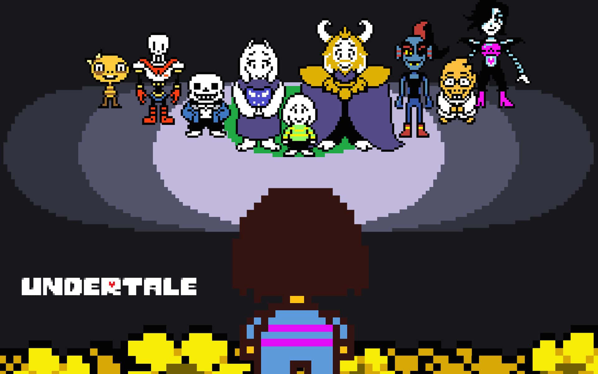 來自 Undertale 的像素化遊戲角色站在發光平台上。