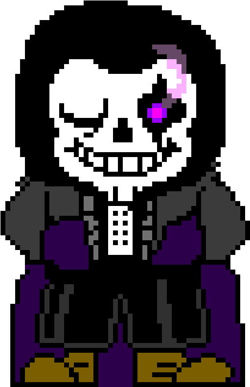 Undertale角色Sans像素藝術 壁紙 — 像素藝術骷髏角色，有一隻發光的紫色眼睛和頑皮的笑容，背景為黑色。