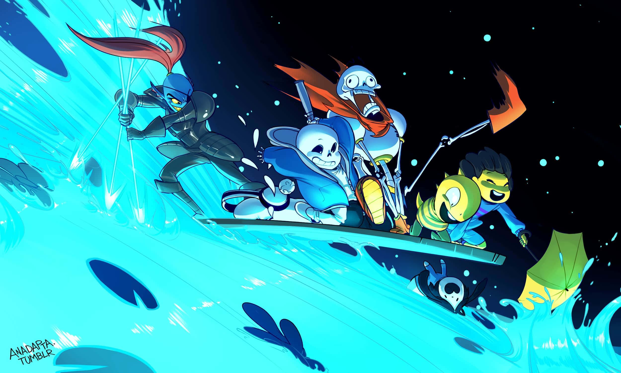 《Undertale》角色Sans迎接新挑戰 壁紙 — 四個動畫角色在星空下快樂地滑水，越過鮮豔的藍色波浪。