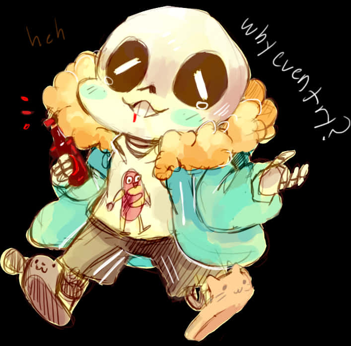 Undertale角色Sans放鬆姿勢插畫 壁紙 — 一個有蓬鬆橙色頭髮的Q版骷髏角色，在黑色背景前拿著啤酒瓶大笑。