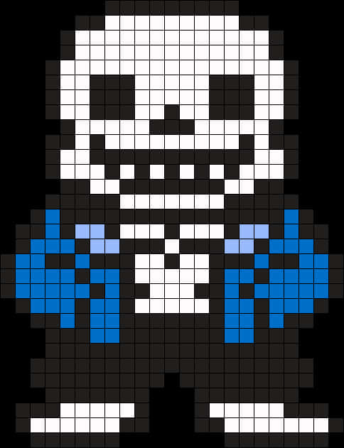 像素風格Undertale角色Sans 壁紙 — 像素藝術骷髏角色身穿藍色外套，站在黑色背景前，帶有塊狀白色骨頭和笑容。