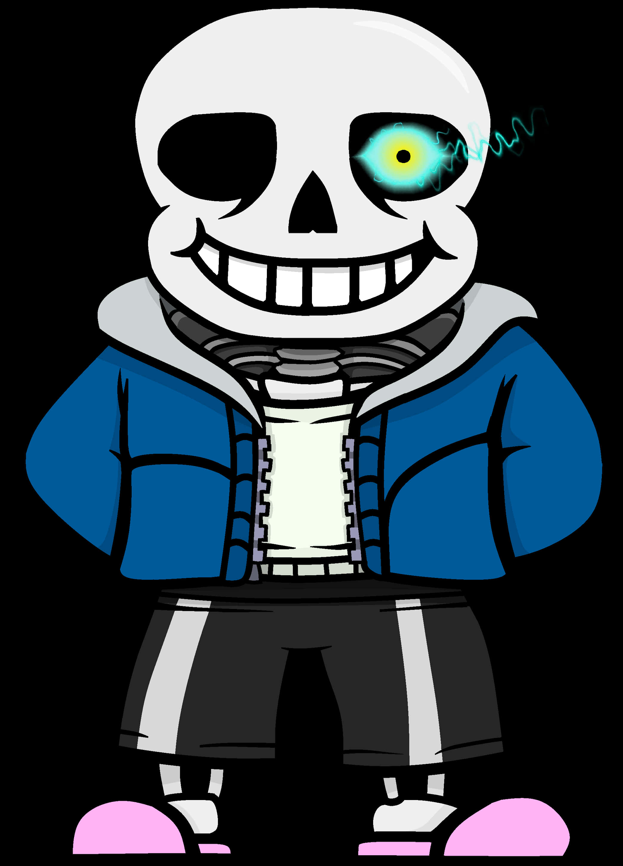Undertale角色Sans插畫 壁紙 — 一個卡通骷髏，有一隻發光的黃色眼睛和一個寬闊的笑容，穿著藍色連帽衫和黑色短褲，背景為黑色。