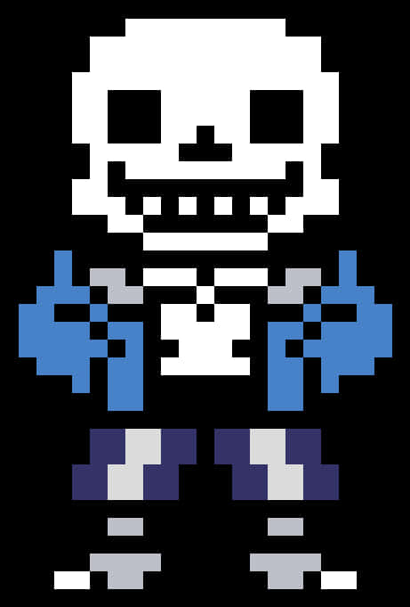Undertale角色Sans像素藝術 壁紙 — 一個像素化的骷髏角色，藍色手臂和紫色褲子，站在黑色背景前。