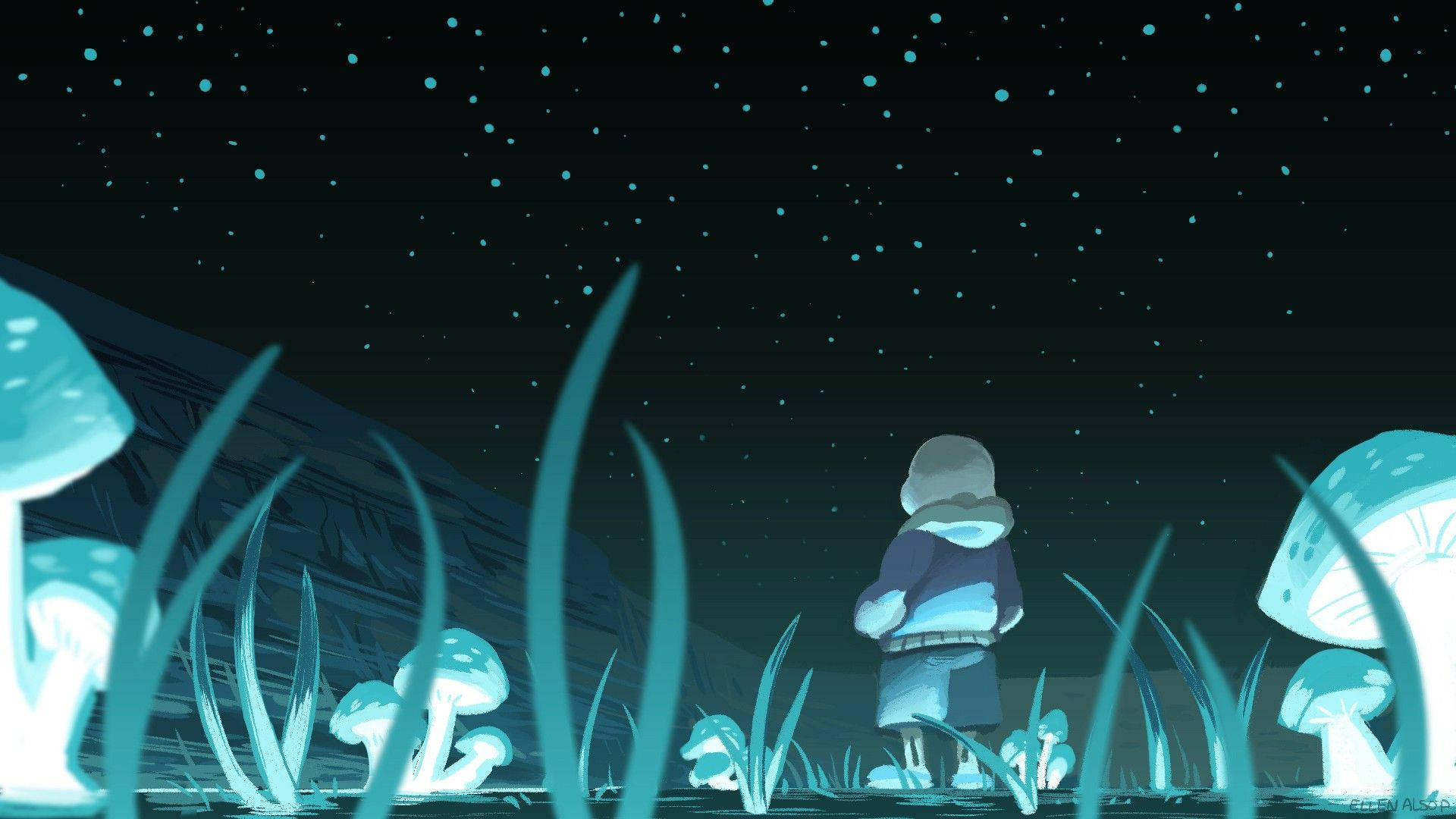 《Undertale》Sans與夜空高畫質 壁紙 — 一個孤獨的孩子穿著連帽外套，站在發光的青綠色蘑菇森林中，星空下。