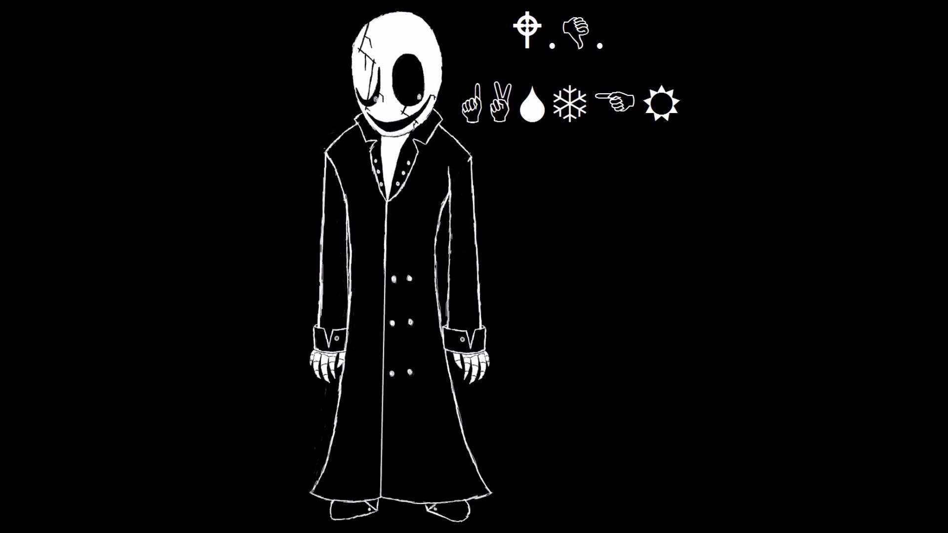 深色主題《Undertale》W.D. 加斯特 壁紙 — 一個帶有裂紋面具和長外套的白色線條藝術人物，站在黑色背景前，周圍環繞著象徵性圖標。