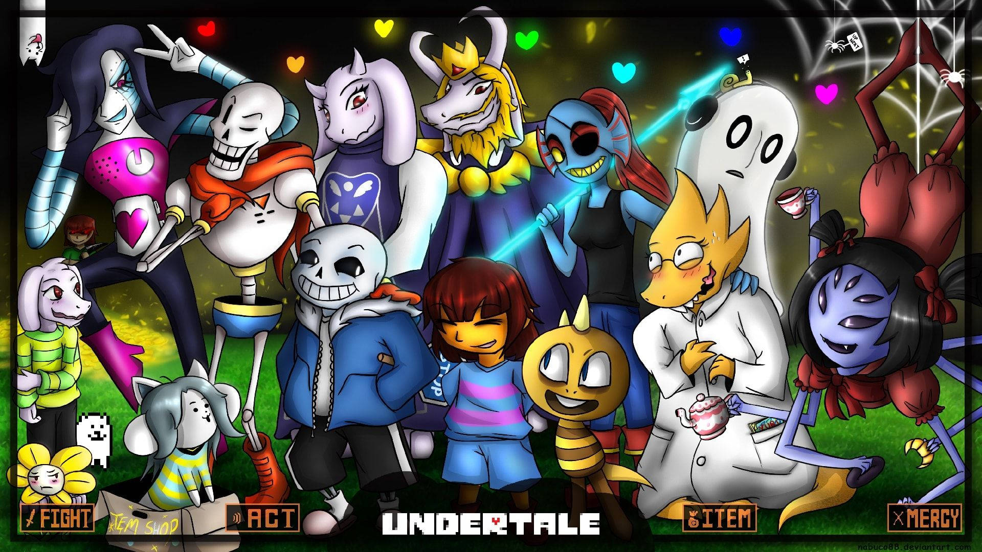 Undertale角色以色彩繽紛的群體姿勢與遊戲UI元素。