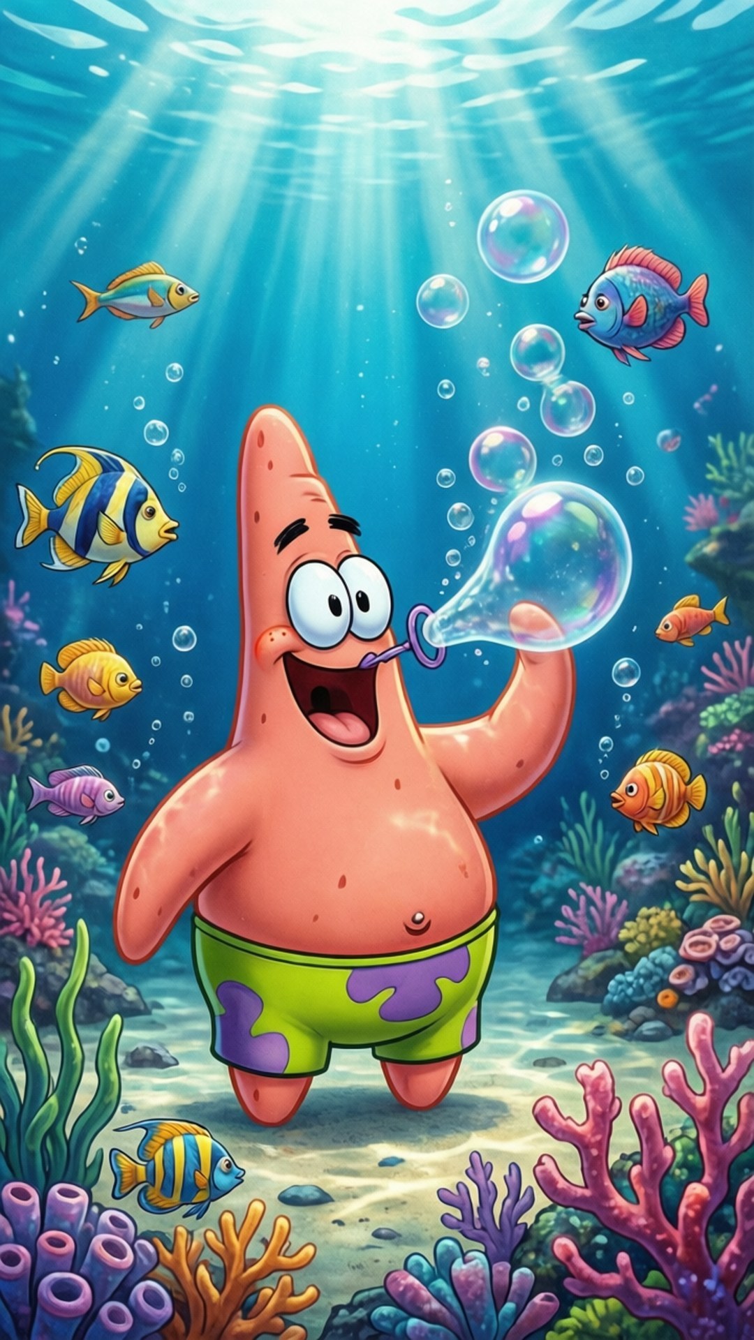 Underwater Bubbles Patrick 壁紙 — 派大星喺陽光普照嘅海底場景中，開心咁吹出巨大嘅泡泡，周圍有色彩繽紛嘅魚同珊瑚。
