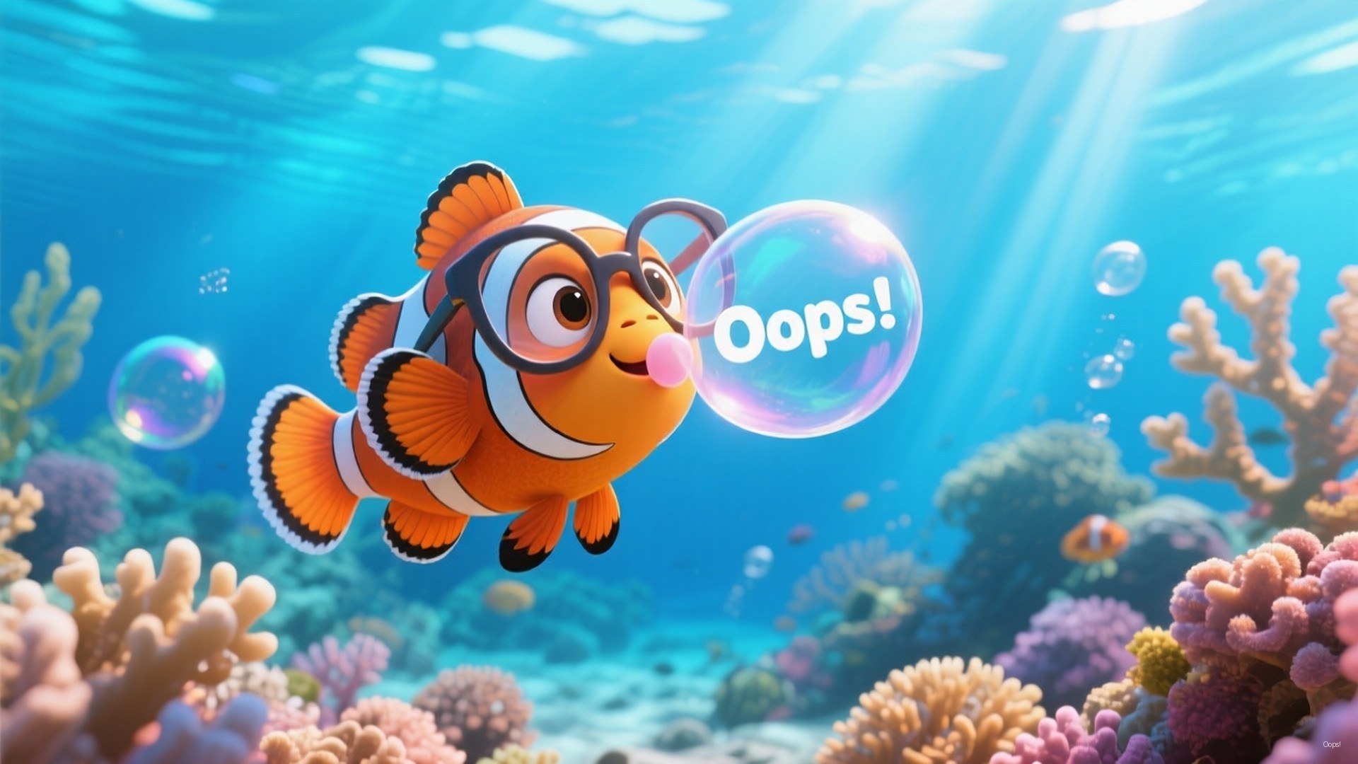 戴眼鏡的小丑魚吹出一個寫著「Oops!」的泡泡，周圍是色彩繽紛的珊瑚礁。