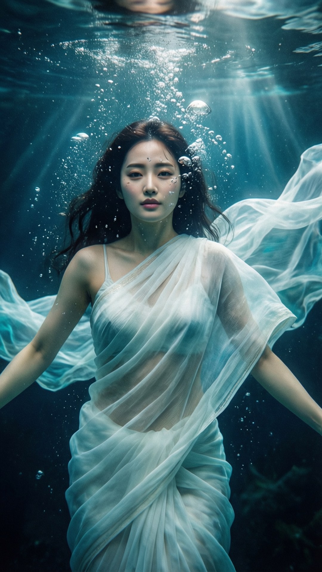 一名身穿白色長裙的女性在水中漂浮，周圍有陽光和氣泡。
