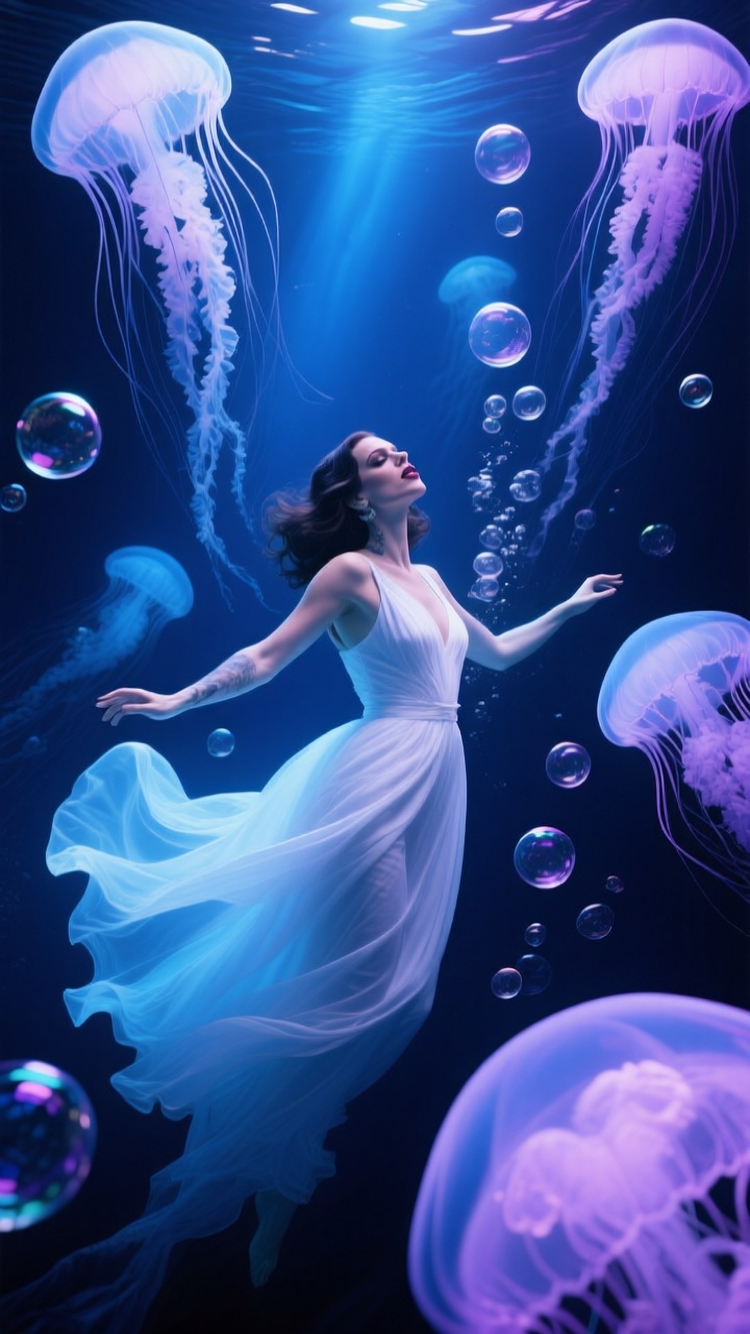 身穿白色長裙的女性在水中漂浮，伴有發光水母和氣泡