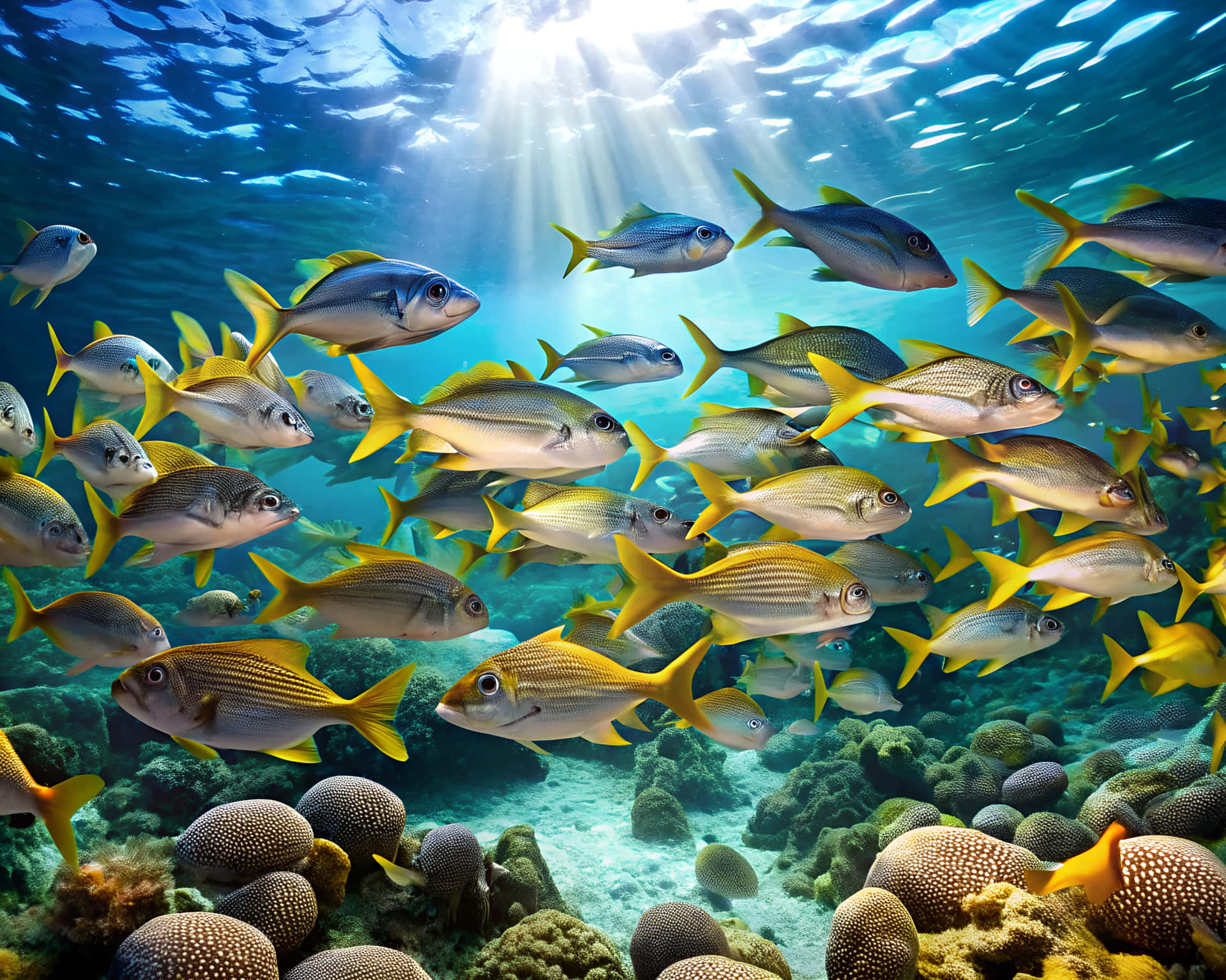 一群黃色和銀色的魚在清澈的藍色海水中，在明亮的陽光下在珊瑚礁上方游動。