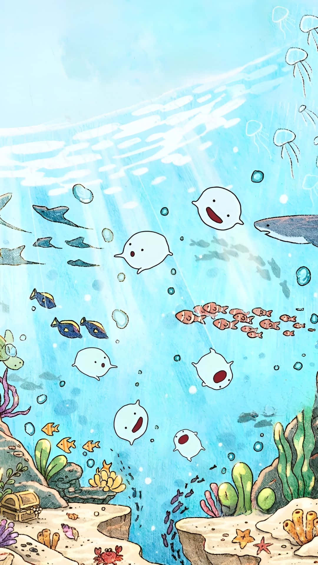  壁紙 — 淺藍色水中的水下場景，有卡通魚、水母和鯊魚在珊瑚和寶藏之間游動。