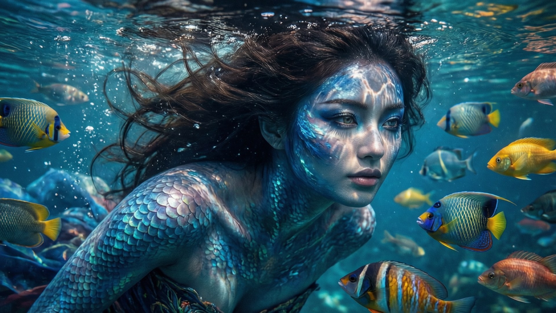 一條擁有藍色鱗片和黑髮的美人魚在水中游泳，周圍是色彩繽紛的熱帶魚。