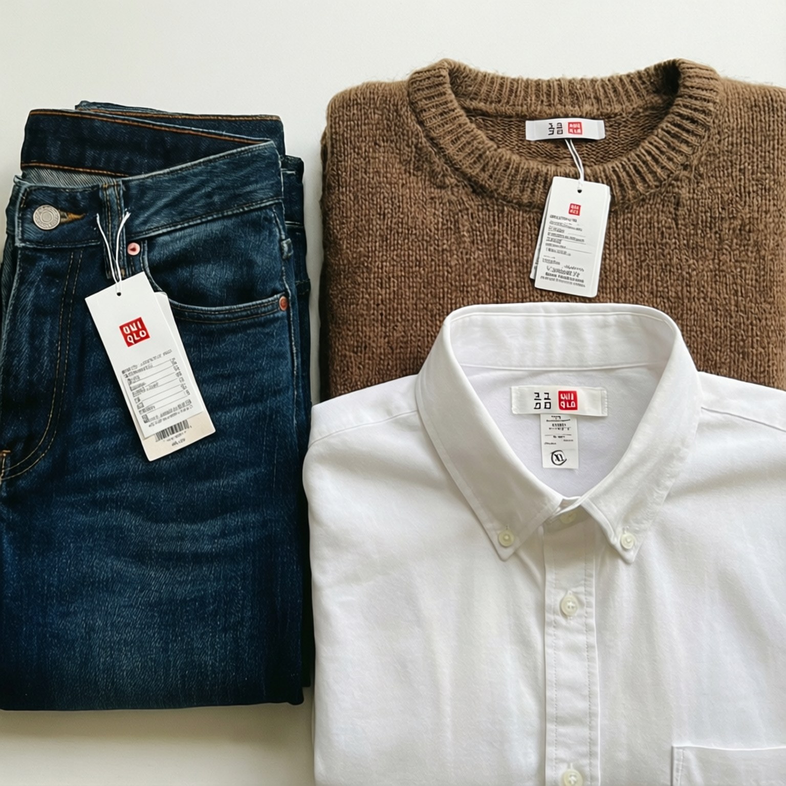 Uniqlo 平面擺拍 壁紙 — 整齊摺疊的深色牛仔褲、棕色毛衣和白色鈕扣襯衫，附有標籤，展示在潔白背景上。