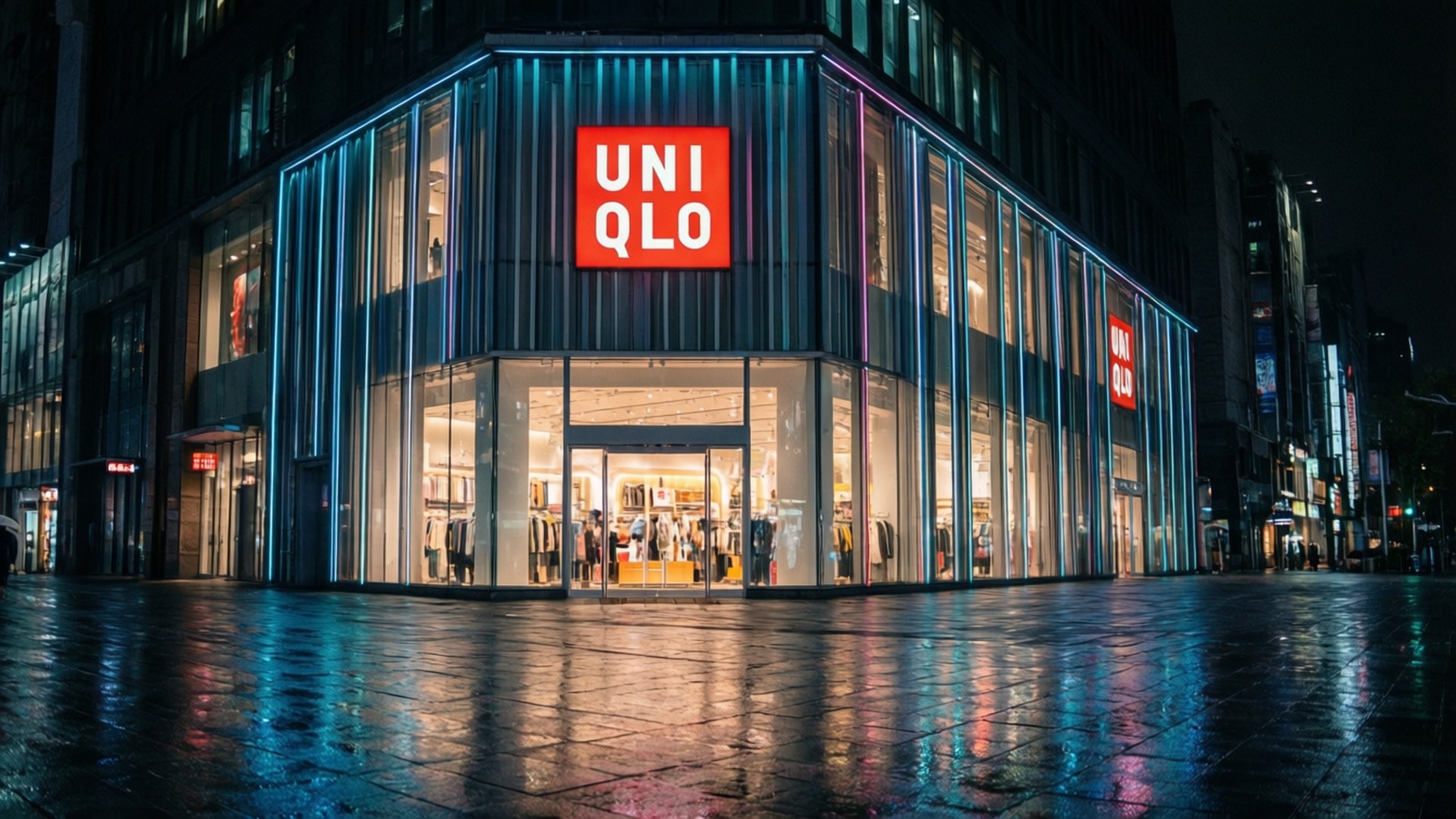 夜晚Uniqlo角落建築，霓虹燈反射在濕漉漉的人行道上