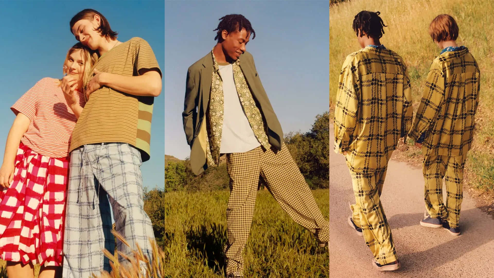 Uniqlo與Marni聯名系列 壁紙 — 三對年輕情侶穿著鮮豔圖案服裝，在晴朗藍天下陽光普照的草地上擺姿勢和漫步。