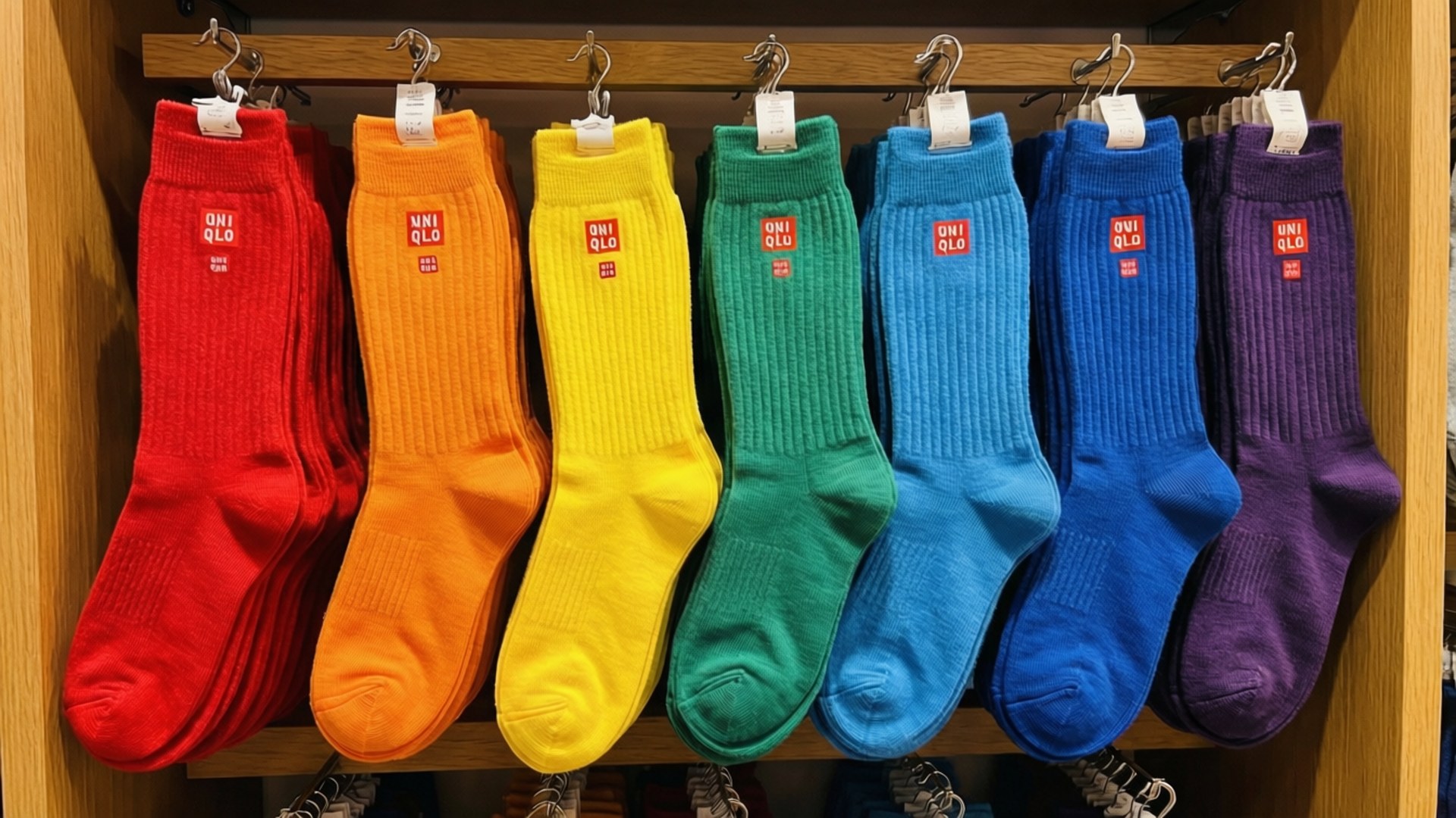 七雙彩虹色的 Uniqlo 船襪掛在商店的木製展示掛鉤上。