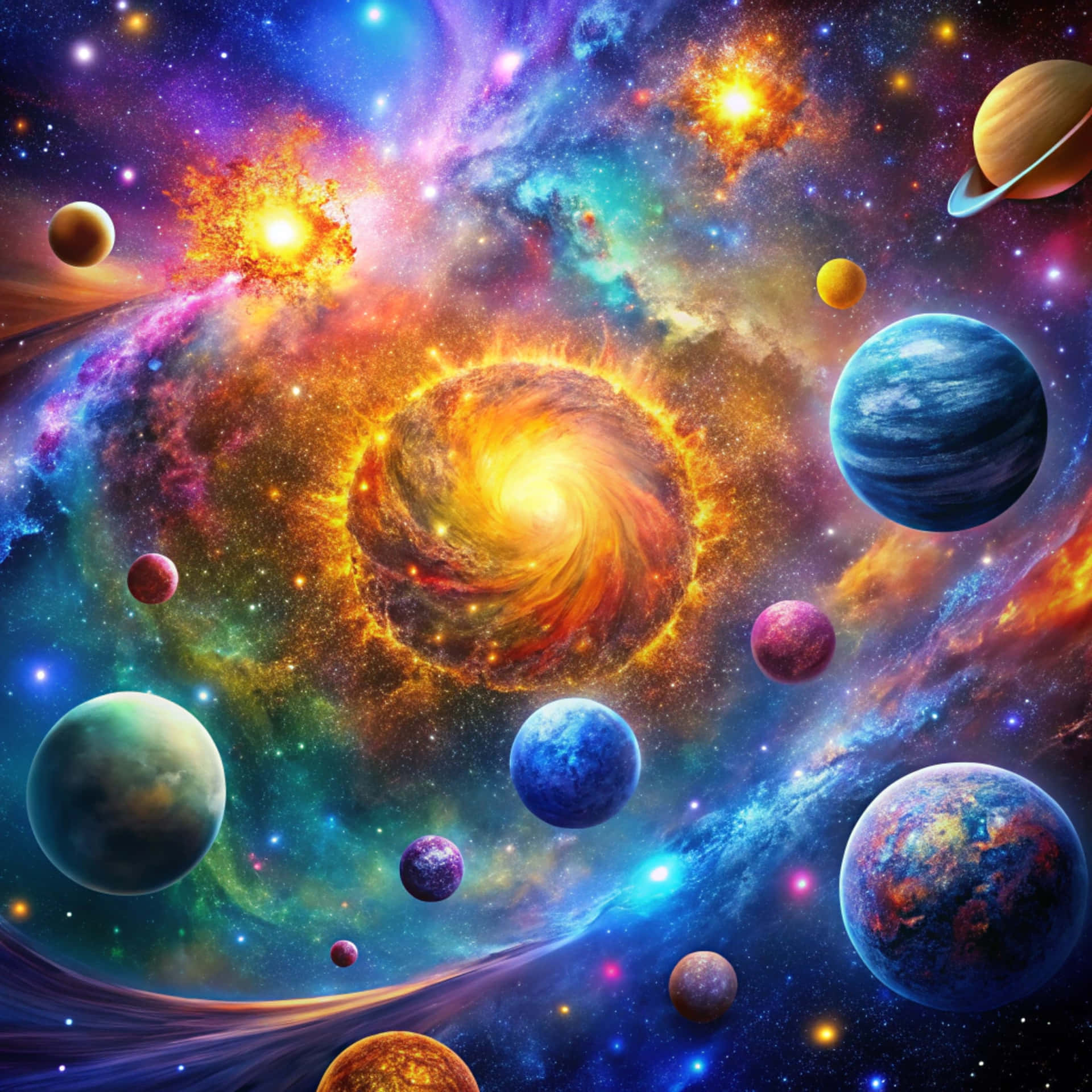充滿活力的宇宙場景，有旋轉星系和多樣的行星，包括土星和類似地球的世界。