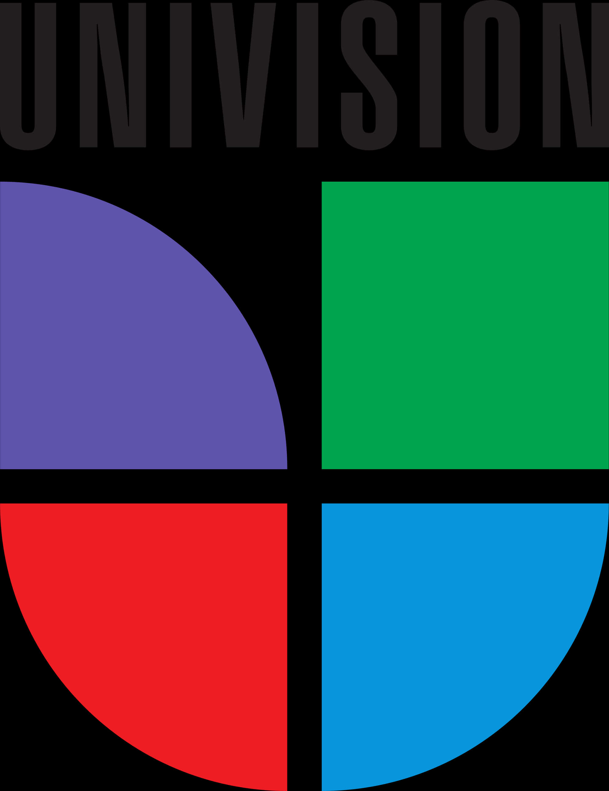 Univision電視網標誌 壁紙 — Univision 標誌，黑色背景上帶有粗體黑色文字和紫色、綠色、紅色、藍色四個彩色象限。