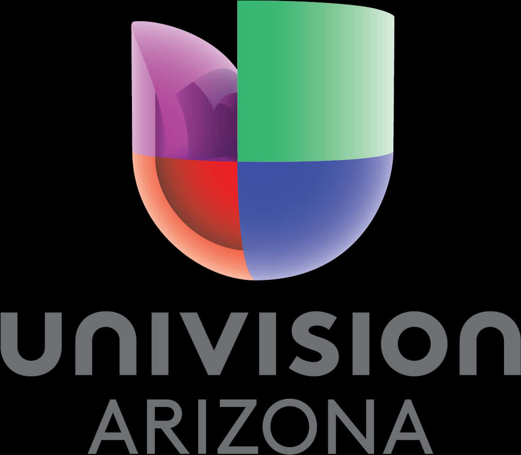 Univision Arizona 標誌 壁紙 — 一個色彩繽紛的3D渲染U標誌，帶有紫色、綠色、紅色和藍色部分，黑色背景上寫有Univision Arizona文字。