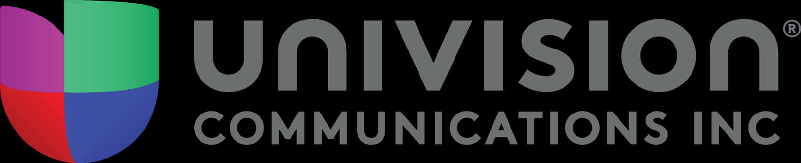 Univision Communications Inc 標誌 壁紙 — 黑色背景上展示Univision Communications Inc標誌，帶有彩色分段圓圈和灰色文字。