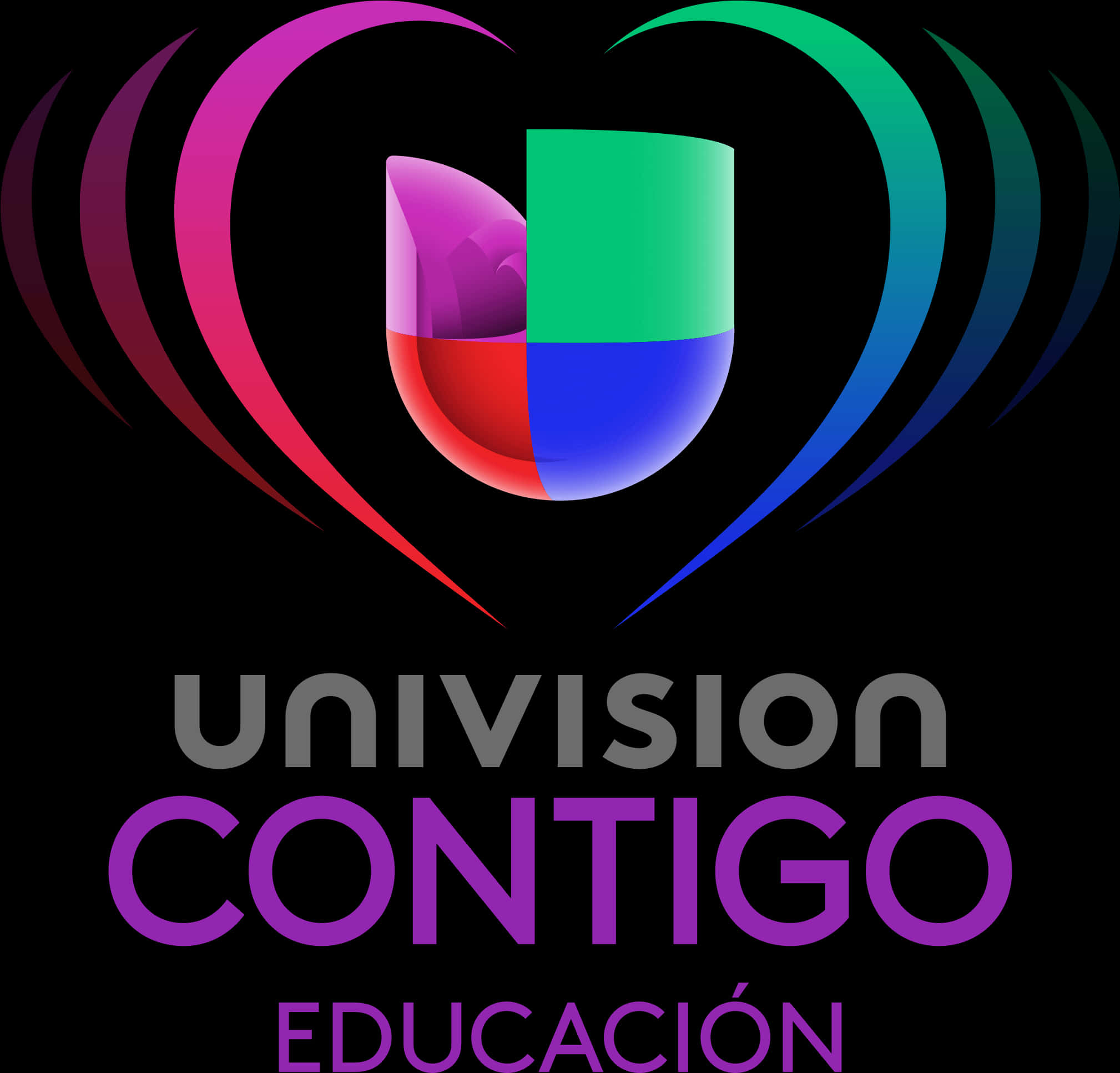 Univision Contigo Educación 標誌 壁紙 — 一個充滿活力的標誌，帶有彩色心形U標誌和粗體文字「Univision Contigo Educación」，背景為黑色。