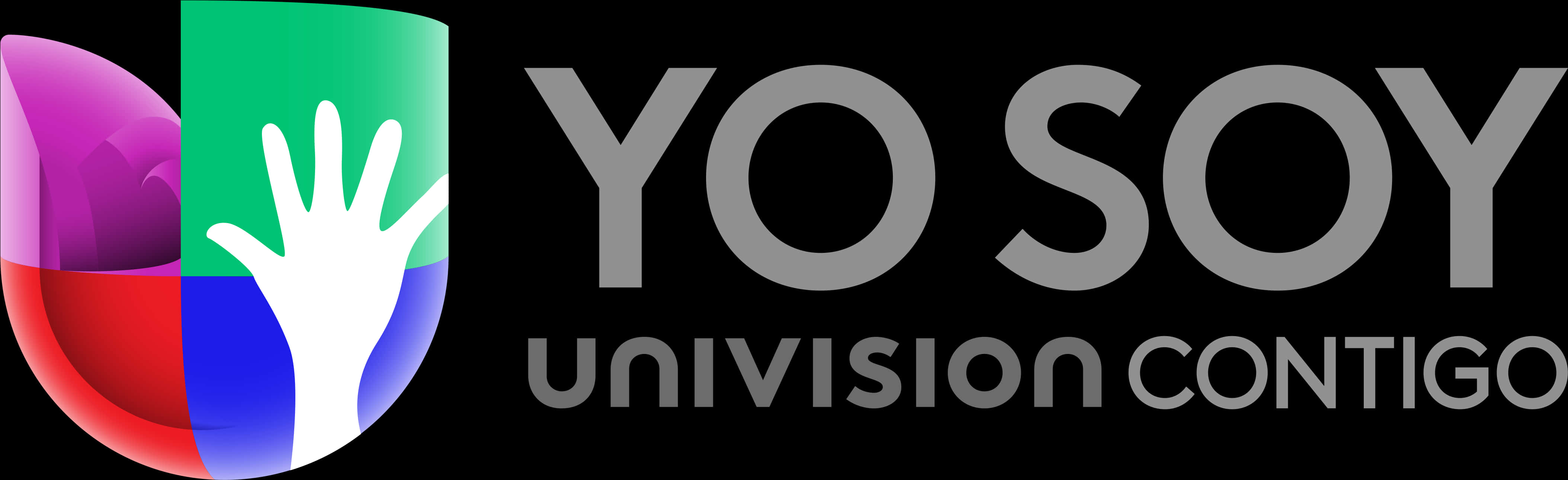 Univision Contigo 廣告標誌 壁紙 — 一個大膽的標誌，帶有彩色盾牌，上面有一隻白色的手和灰色的文字「YO SOY UNIVISION CONTIGO」。