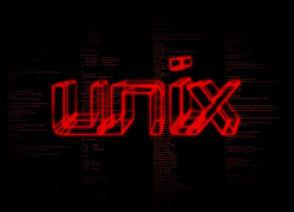 Unix 紅色復古風格標誌 壁紙 — 發光的紅色線框UNIX標誌從黑色背景上層疊的綠色終端代碼中浮現。