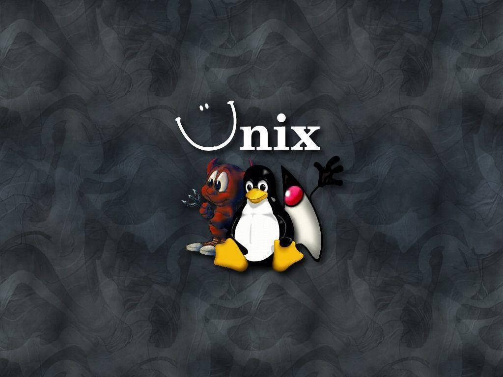 卡通企鵝和狐狸在深色背景上的 Unix 標誌旁邊