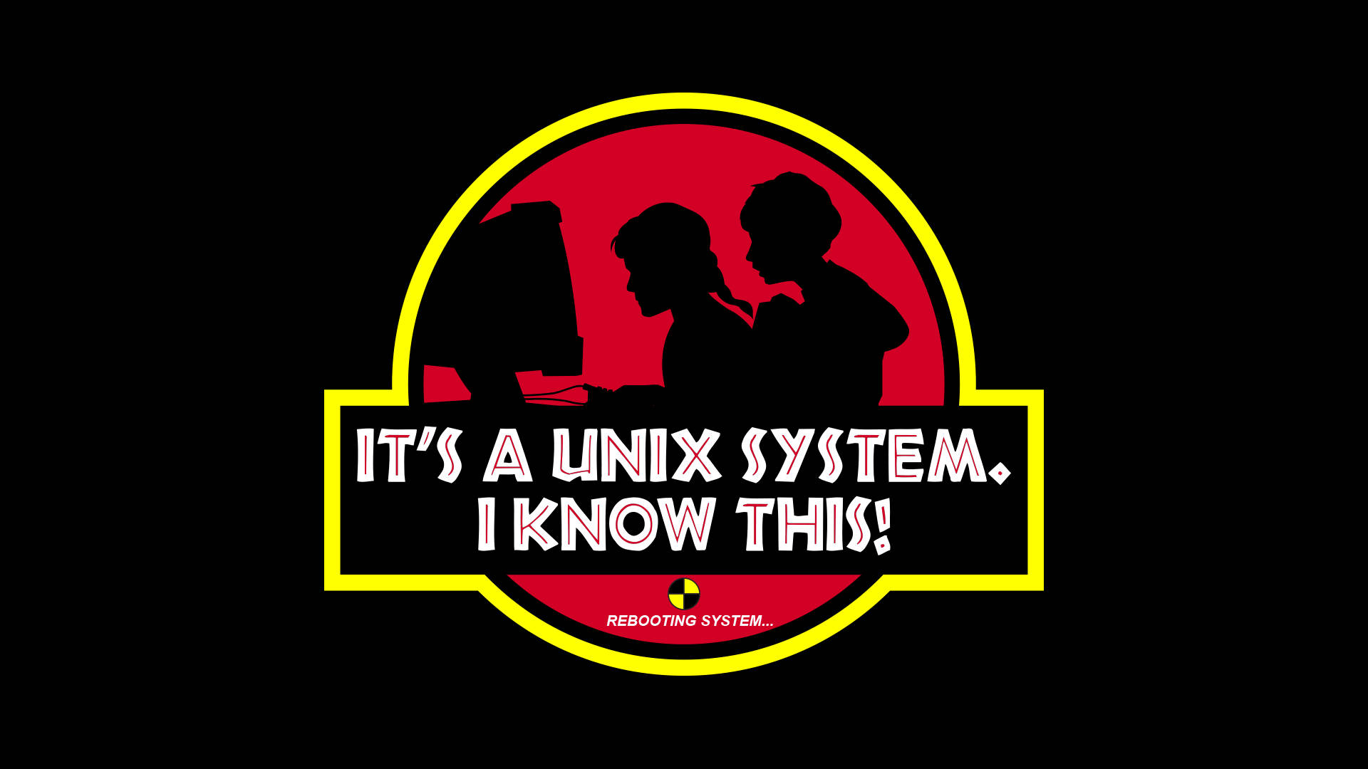 兩個人在電腦前，位於侏羅紀公園風格的標誌內，文字為「It's a Unix System. I Know This!」