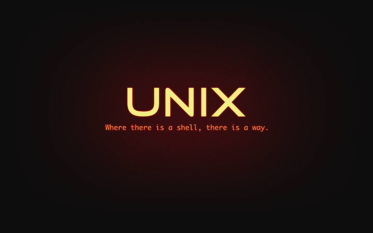 深紅色背景上，發光的黃色UNIX文字及標語。