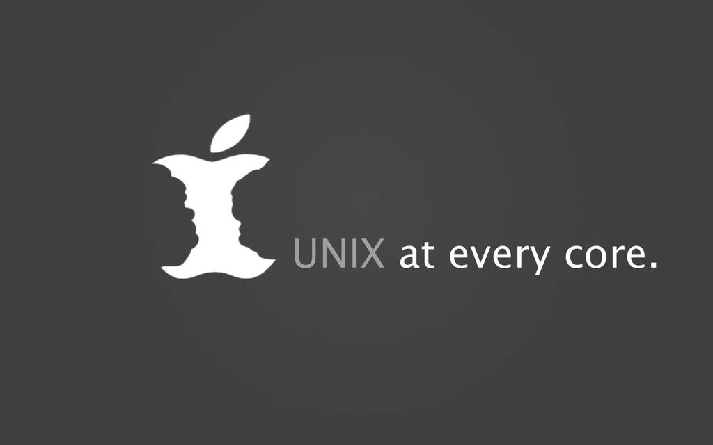 白色Apple標誌，咬口內有兩張臉，灰色背景上文字UNIX at every core。