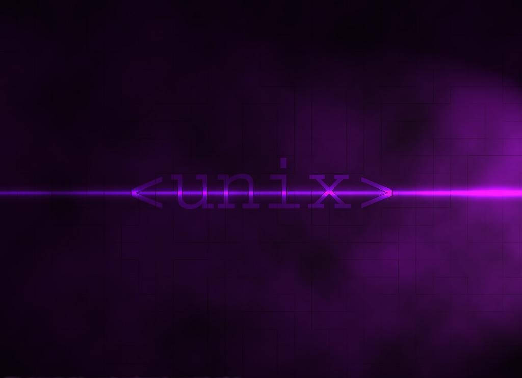 深色網格上帶有霓虹光條的發光紫色 Unix 文字。