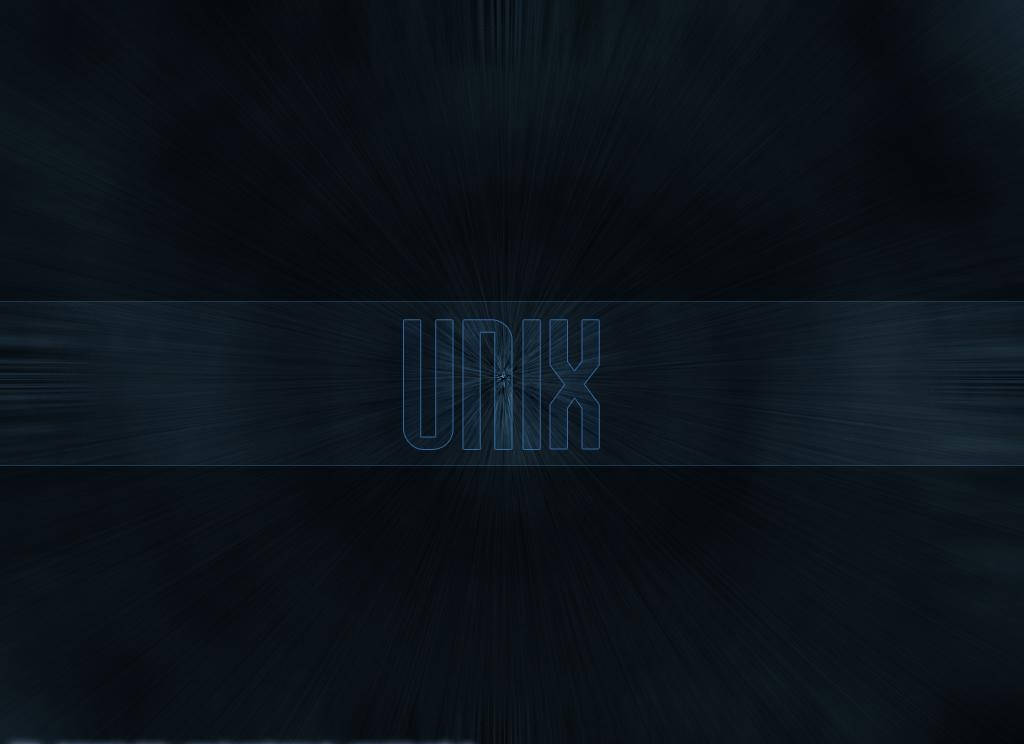在深藍色徑向爆發背景上發出青色光芒的 UNIX 文字。