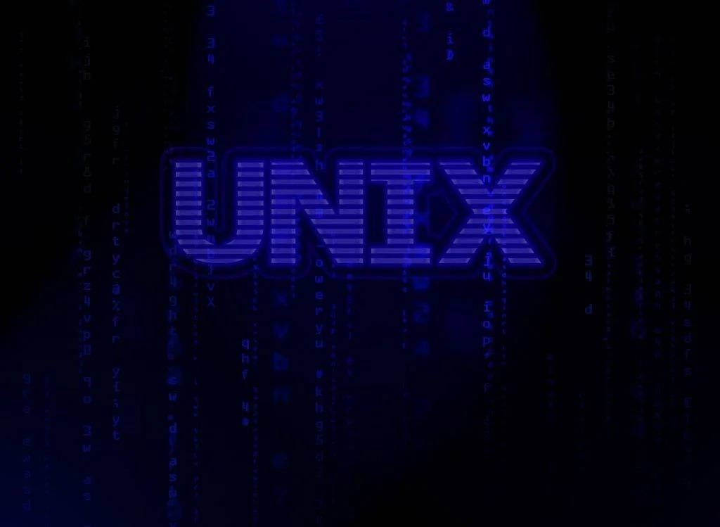 藍色發光UNIX標誌，黑色背景上有落下的數位代碼