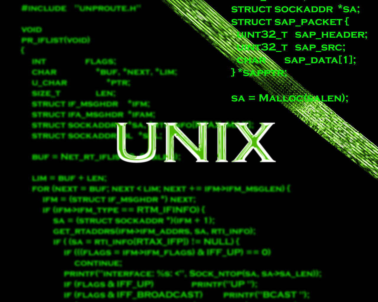 黑色背景上帶有對角光纖電纜效果的綠色發光UNIX文字和C代碼。