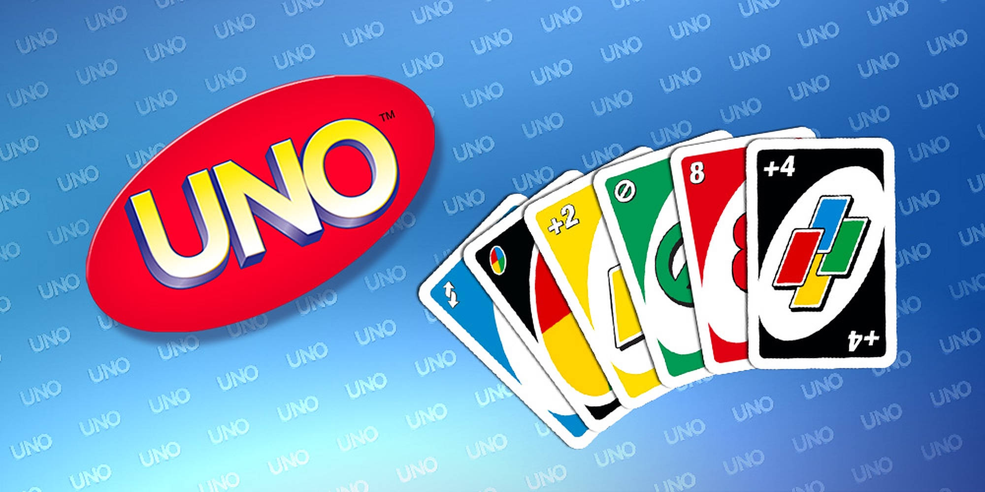 Uno 卡牌橫幅 壁紙 — 鮮豔的UNO標誌和色彩繽紛的紙牌在帶有重複UNO水印的藍色背景上展開。