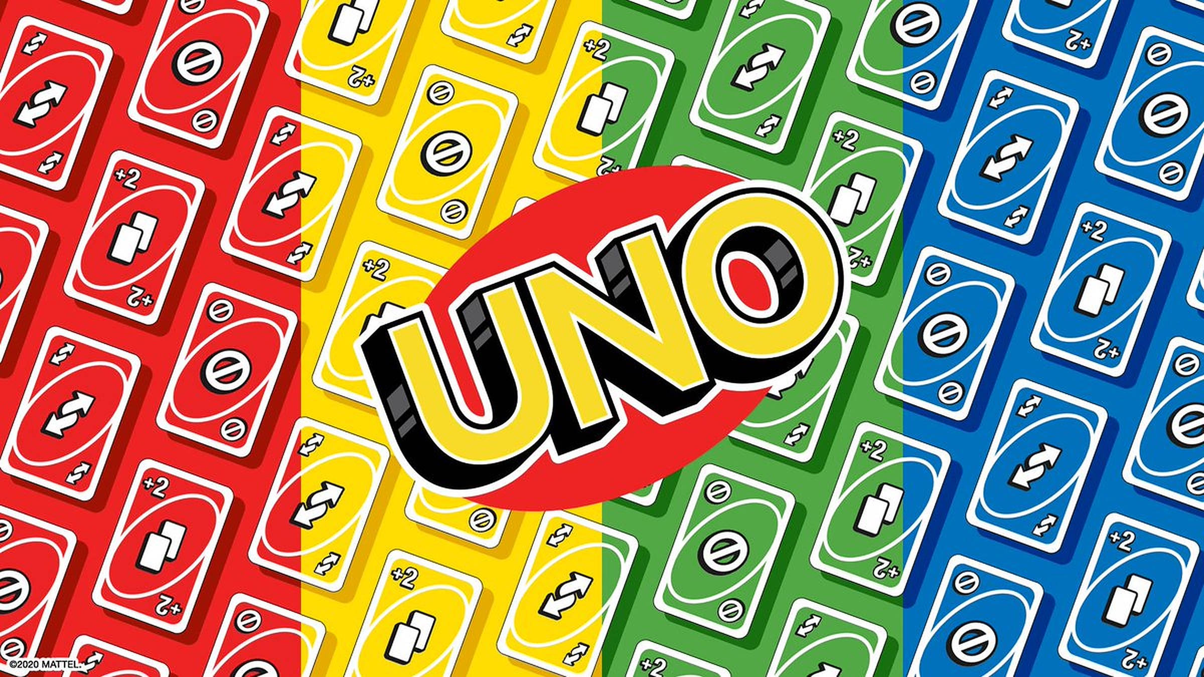 Uno 卡牌色彩方案 壁紙 — 鮮豔的UNO卡牌以紅、黃、綠、藍色排列成彩色網格，中央是標誌性的UNO標誌。