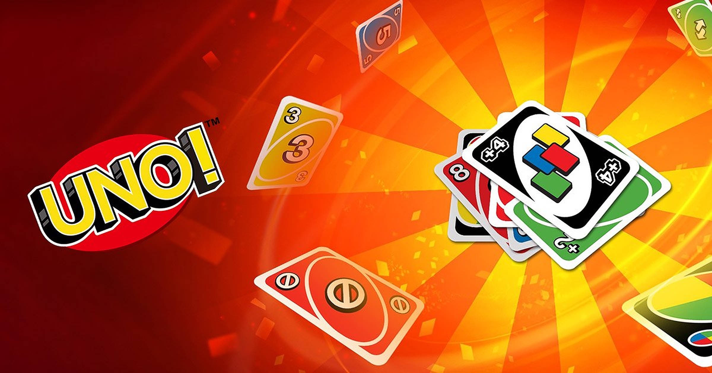Uno 家庭卡牌遊戲海報 壁紙 — 色彩繽紛的UNO卡牌在熾熱的橙色太陽爆發背景上爆炸，並帶有標誌性標誌。