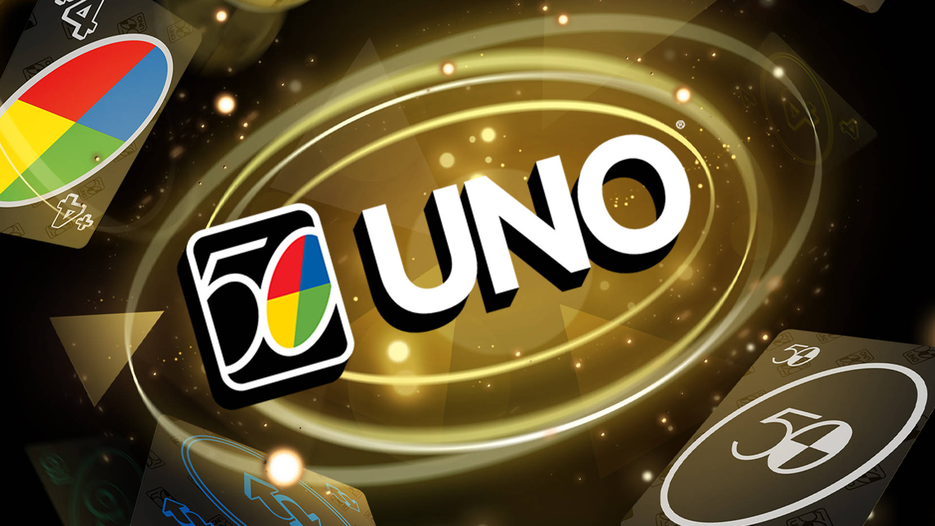 Uno 鎮金海報 壁紙 — 閃爍的黑暗背景上，漂浮的卡片環繞著發光的金色UNO標誌。