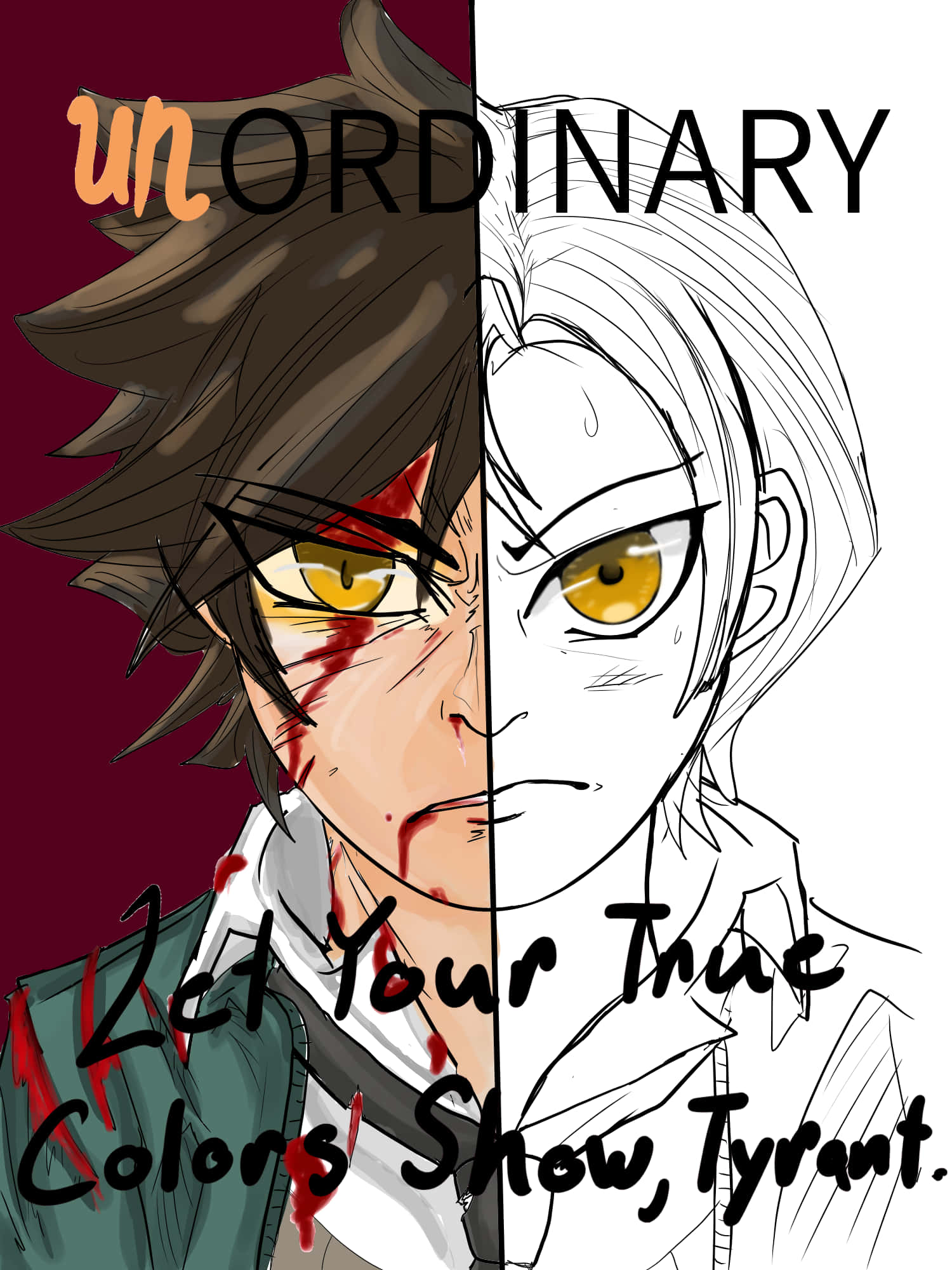 《UnOrdinary》的酷炫同人藝術 壁紙 — 一個分裂面孔的動漫角色，一側血跡斑斑並帶有顏色，背景為栗色，另一側為純白線條藝術。