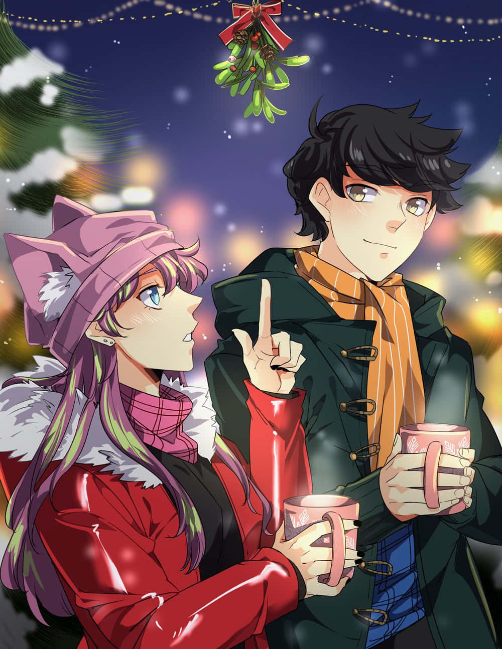 《UnOrdinary》中的瑟菲娜與約翰 壁紙 — 兩個動漫角色穿著冬季外套，在節日燈串和懸掛的槲寄生下啜飲熱可可。