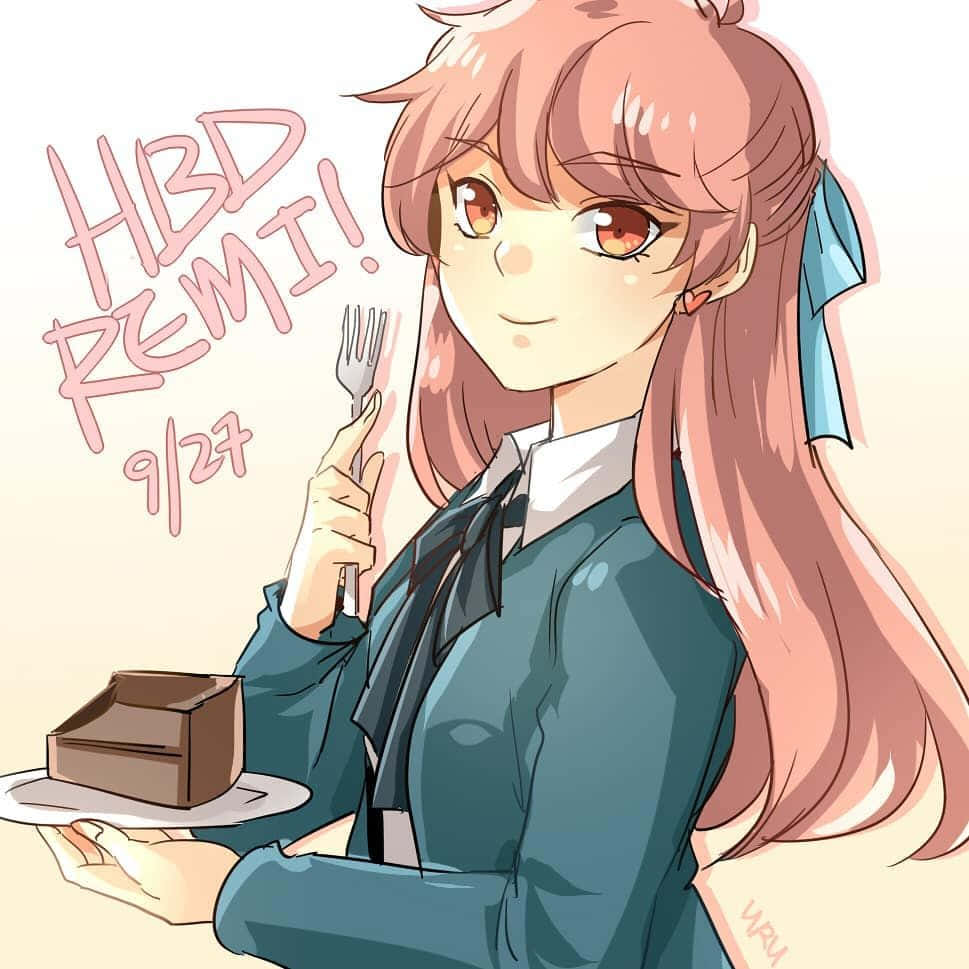 穿著校服的動漫女孩拿著蛋糕和叉子慶祝生日。