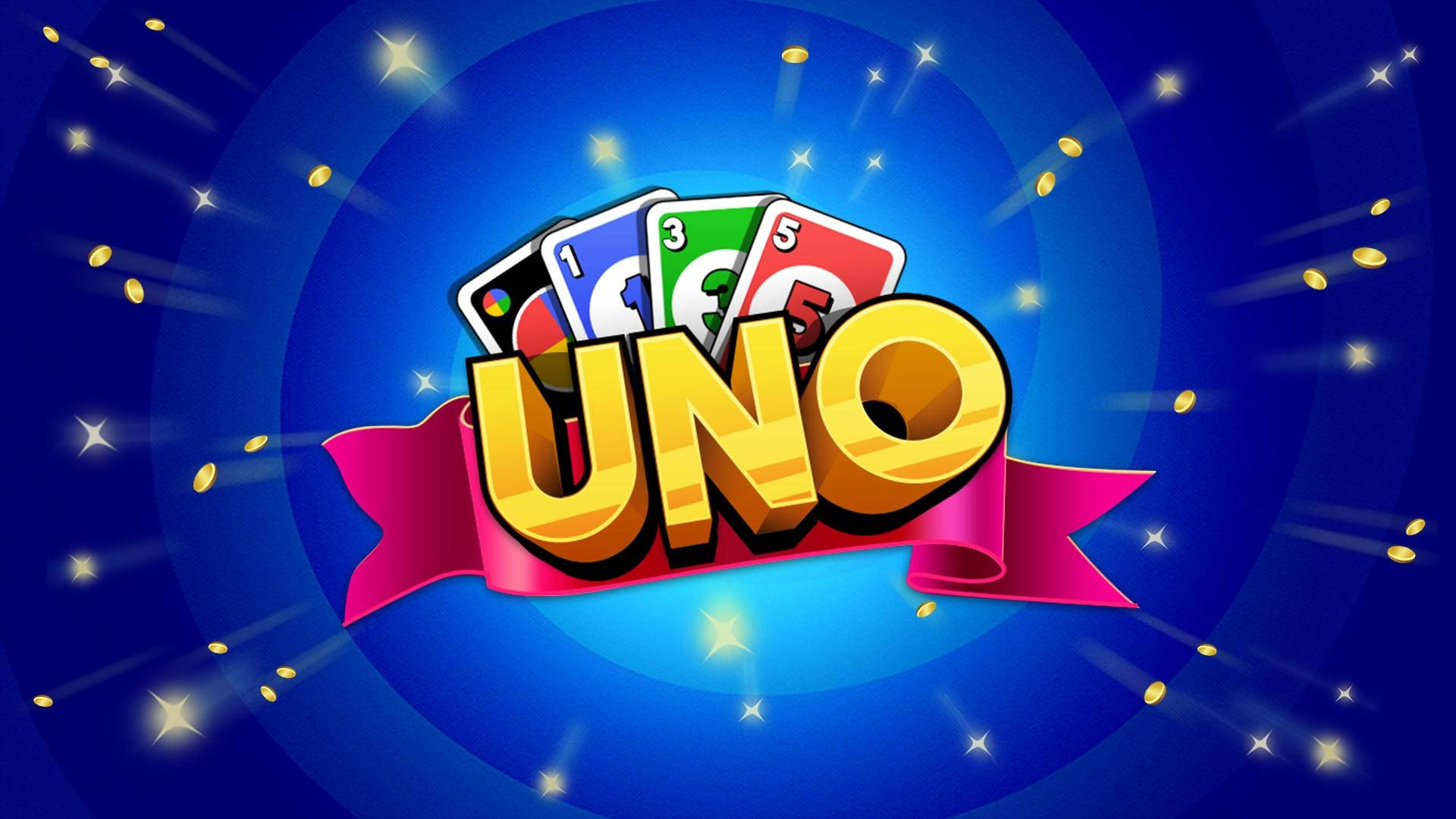 Uno卡遊戲藍色海報 壁紙 — 充滿活力的UNO標誌，彩色卡片從金色字母中迸出，背景是閃閃發光的藍色。