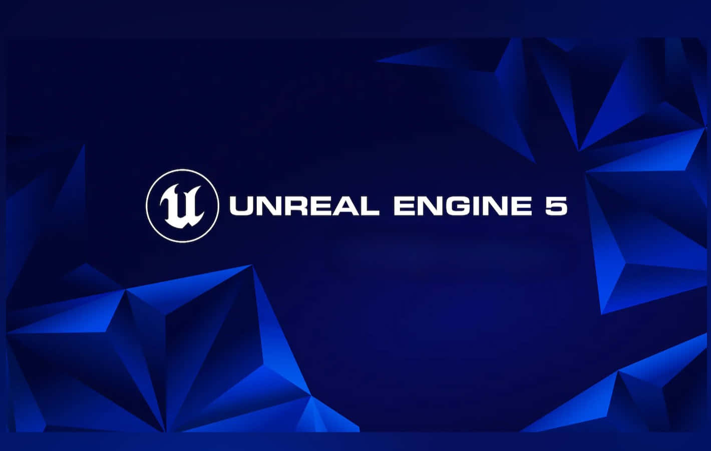  壁紙 — Unreal Engine 5 標誌居中於深藍色幾何多邊形背景上，帶有尖銳的角形形狀。